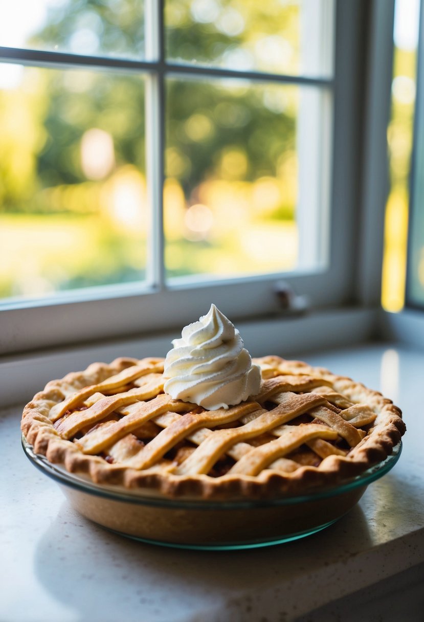 A golden-brown apple pie cooling on a windowsill, with a lattice crust and a dollop of whipped cream on top