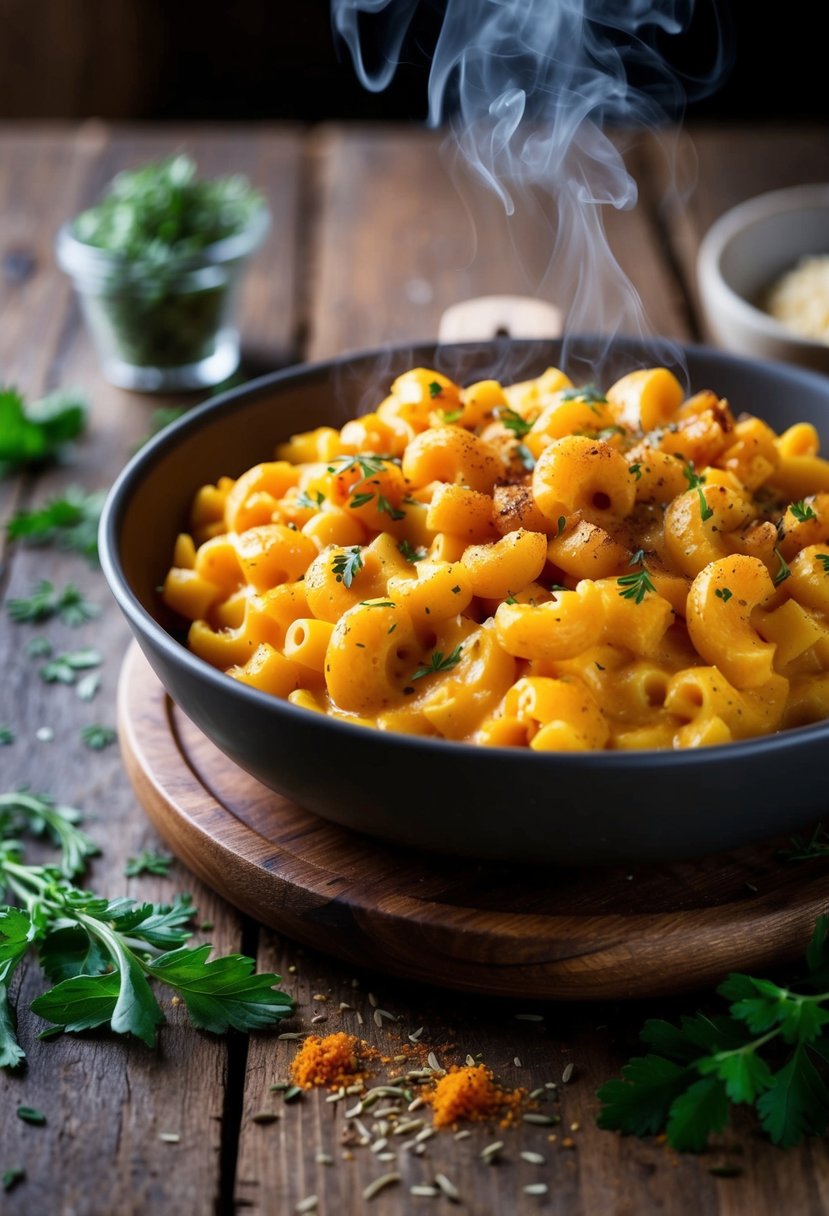 A steaming dish of butternut squash mac and cheese surrounded by scattered herbs and spices on a rustic wooden table