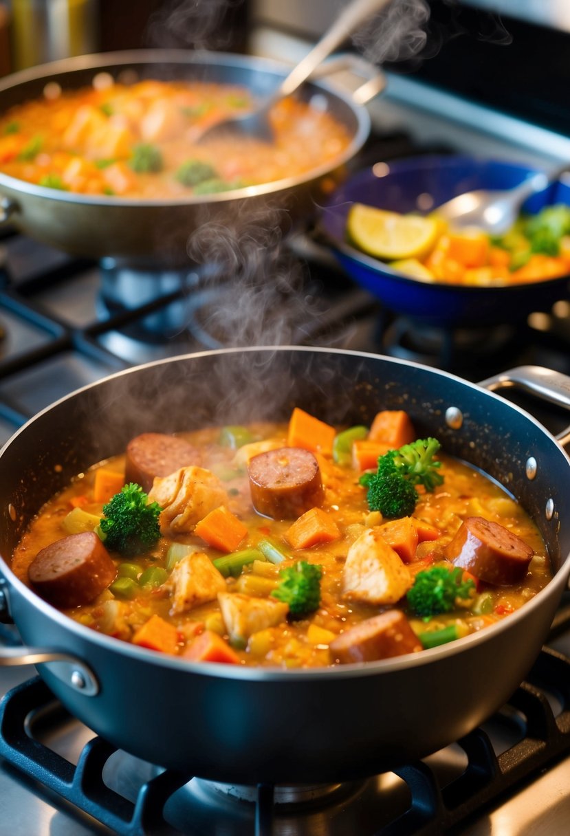 A steaming pot of jambalaya simmering on a stovetop, filled with a colorful array of vegetables, spicy sausage, and tender chunks of chicken