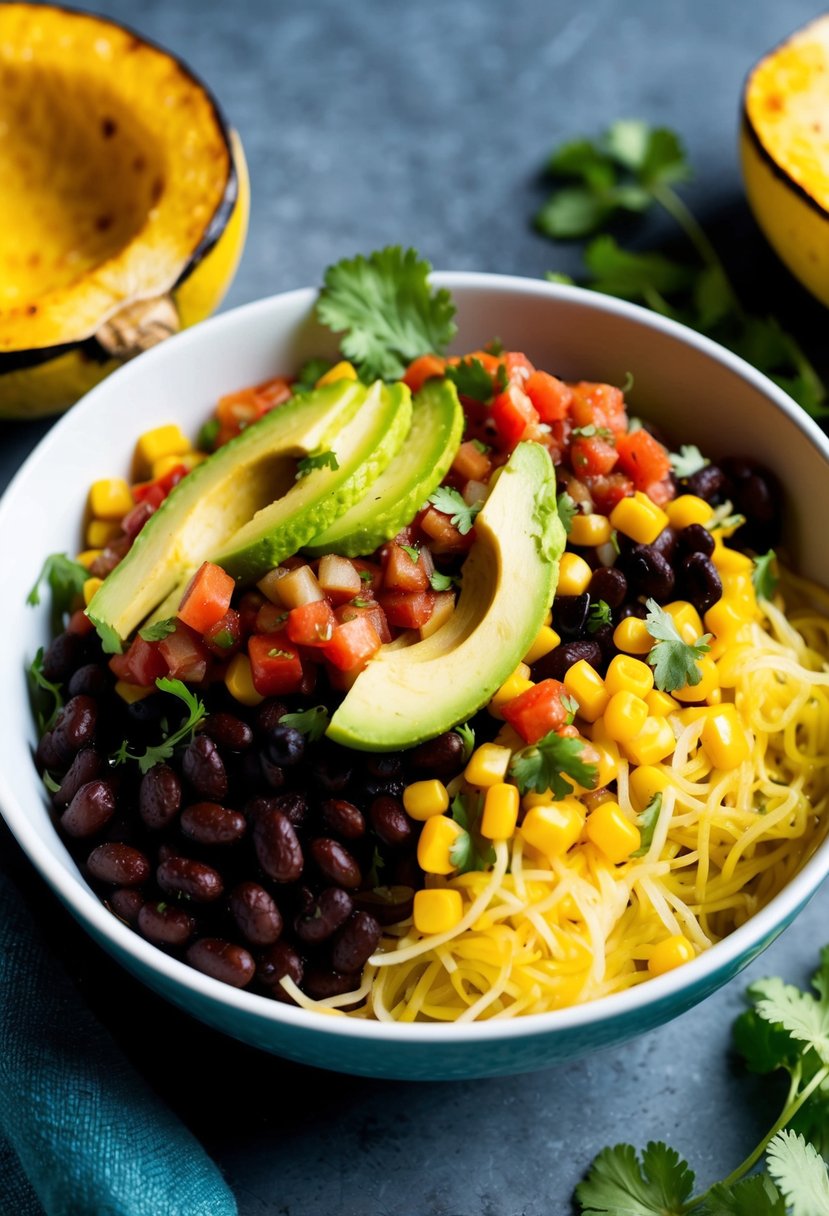 A colorful bowl filled with roasted spaghetti squash, black beans, corn, and fresh salsa, topped with creamy avocado slices and a sprinkle of cilantro