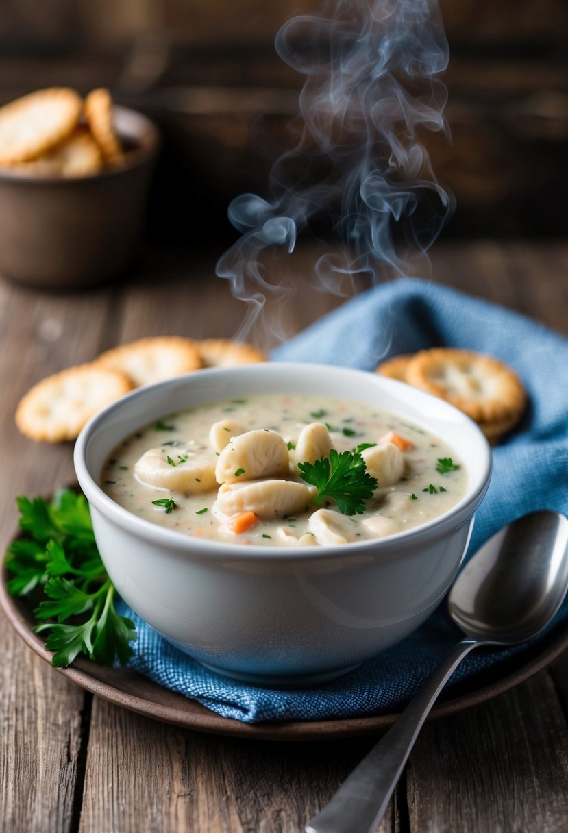 A steaming bowl of clam chowder sits on a rustic wooden table, surrounded by oyster crackers and a sprig of fresh parsley