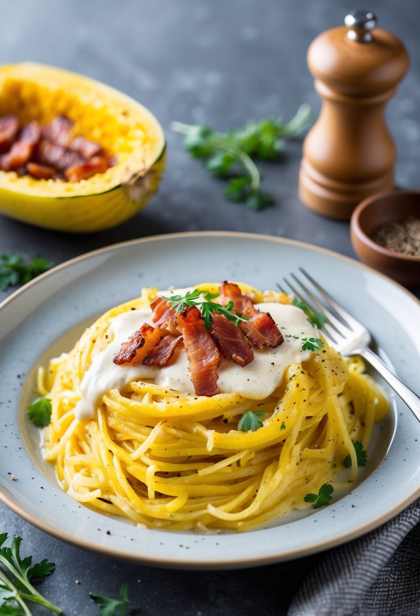 A steaming plate of spaghetti squash carbonara with crispy bacon and creamy sauce, garnished with fresh herbs and cracked black pepper