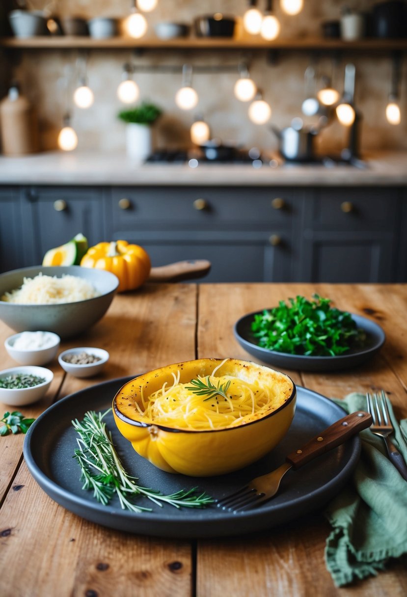 A rustic kitchen with a wooden table set with a roasted spaghetti squash, fresh herbs, and Italian-style ingredients