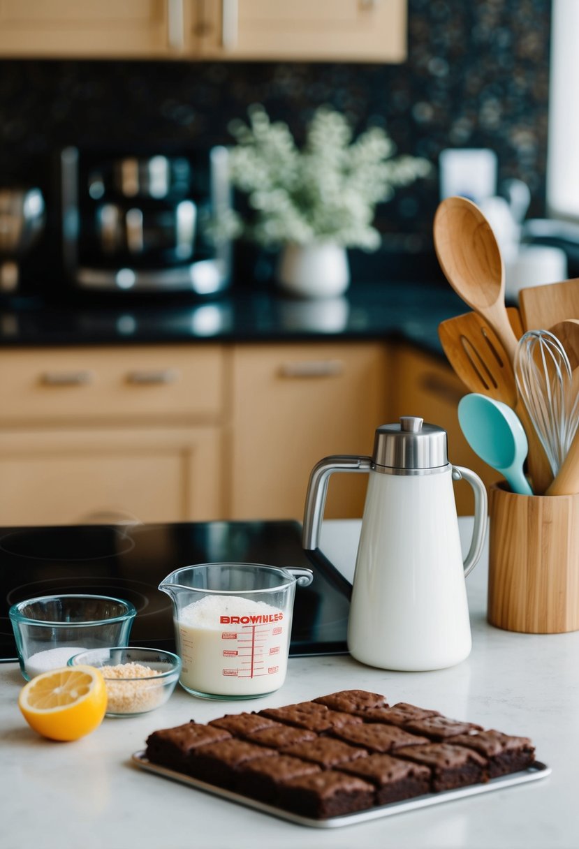 A kitchen counter with ingredients and utensils for making brownies