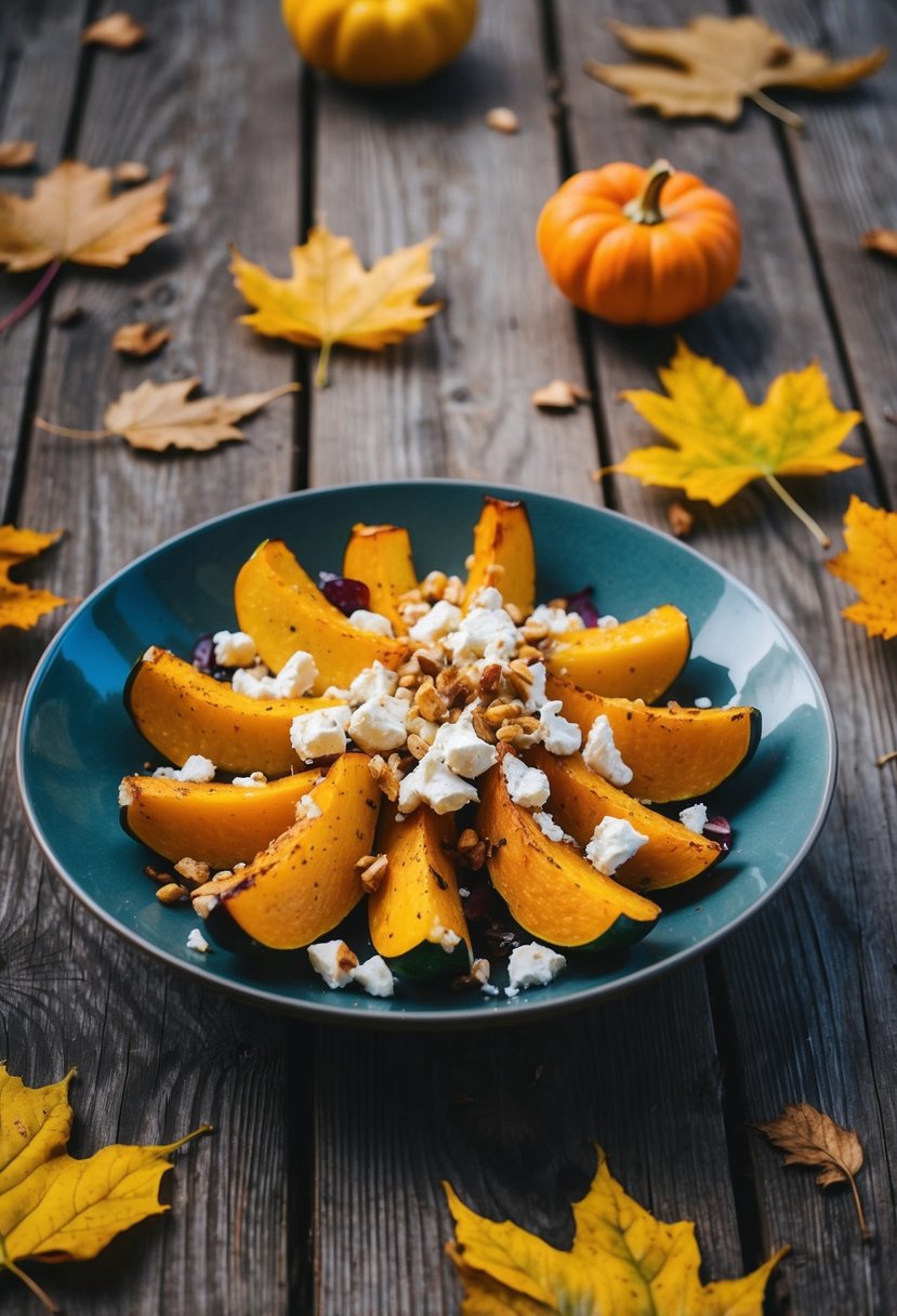 A rustic wooden table set with a colorful roasted squash salad topped with crumbled goat cheese, surrounded by scattered autumn leaves