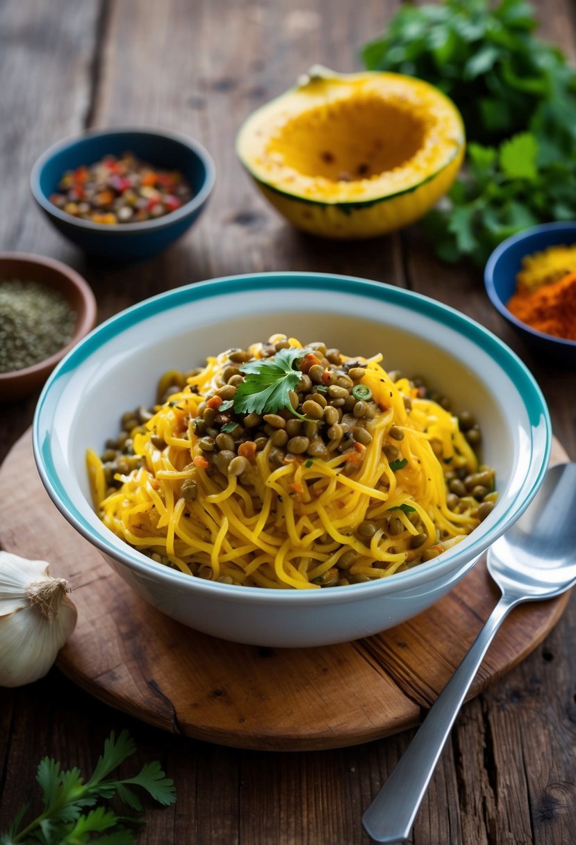 A steaming bowl of curried spaghetti squash and lentils sits on a rustic wooden table, surrounded by colorful spices and fresh ingredients