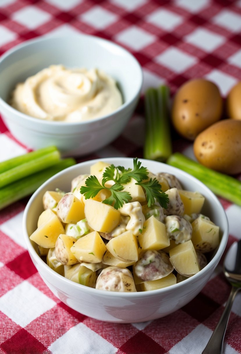 A bowl of potato salad sits on a checkered tablecloth, surrounded by ingredients like potatoes, celery, and mayonnaise