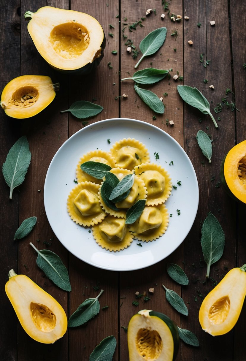 A rustic wooden table with a plate of freshly made squash and sage ravioli, surrounded by scattered sage leaves and halved squash