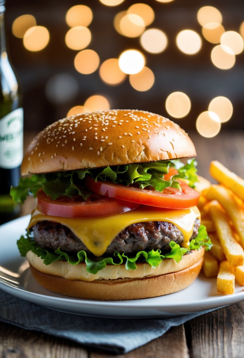 A classic cheeseburger with lettuce, tomato, and melted cheese on a sesame seed bun, served with a side of golden crispy fries