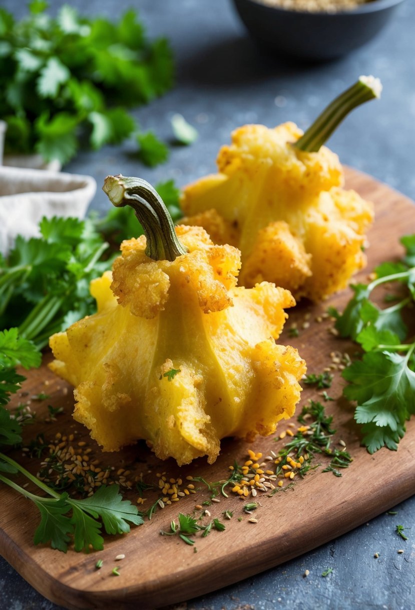 A golden-brown kabocha squash tempura surrounded by fresh herbs and spices, resting on a rustic wooden cutting board