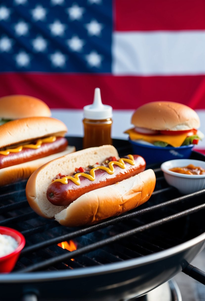 A sizzling hot dog on a grill, surrounded by condiments and buns, with a patriotic American flag in the background