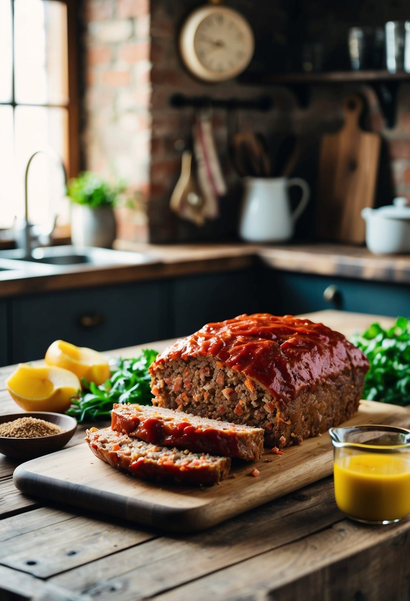 A classic meatloaf recipe being prepared in a rustic kitchen with ingredients laid out on a wooden table