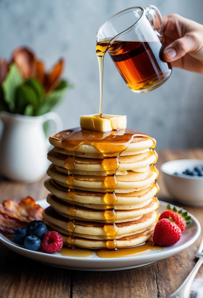 A stack of golden pancakes topped with melting butter and drizzled with maple syrup, served alongside a side of crispy bacon and fresh berries