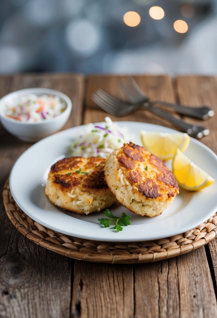 A plate of golden-brown crab cakes with a side of coleslaw and a wedge of lemon, set on a rustic wooden table