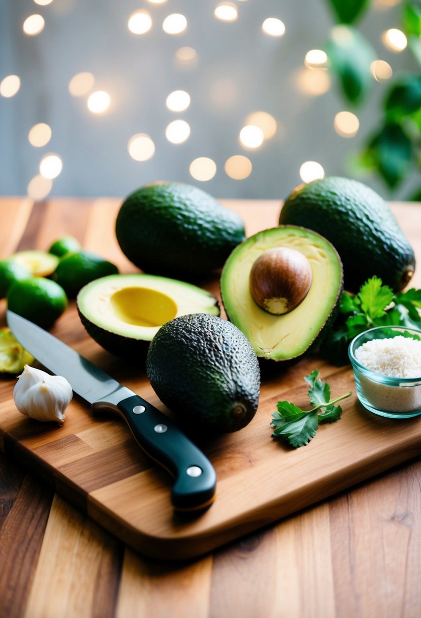 A wooden cutting board with ripe avocados, a knife, and various ingredients for making avocado recipes