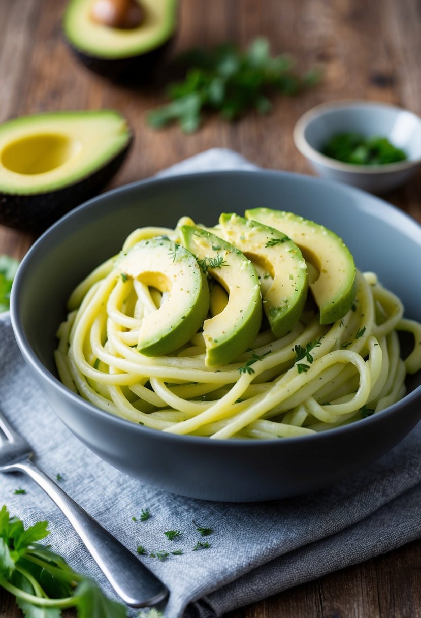 A bowl of creamy avocado pasta topped with sliced avocado and a sprinkling of fresh herbs