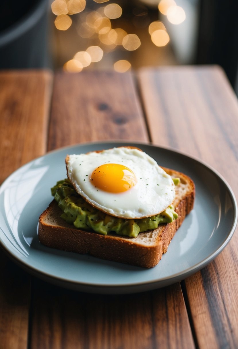 A slice of toasted bread topped with mashed avocado and a fried egg