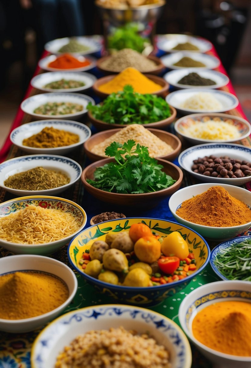 A table filled with traditional Arabic dishes and ingredients. Spices, herbs, and colorful dishes arranged neatly on the table