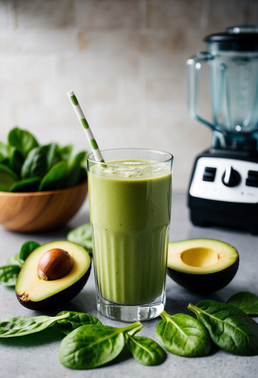 A glass of avocado green smoothie surrounded by fresh avocados, spinach leaves, and a blender on a kitchen counter