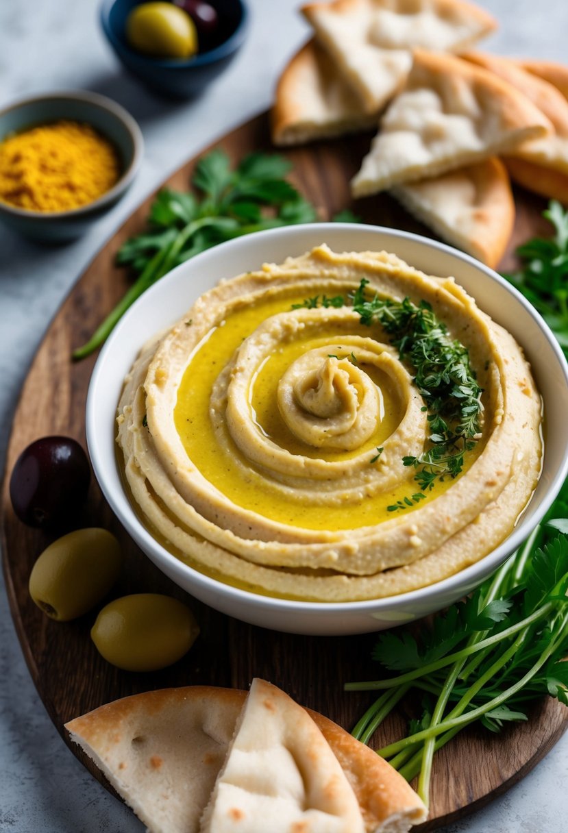 A bowl of hummus with a swirl of tahini on top, surrounded by pita bread, olives, and fresh herbs