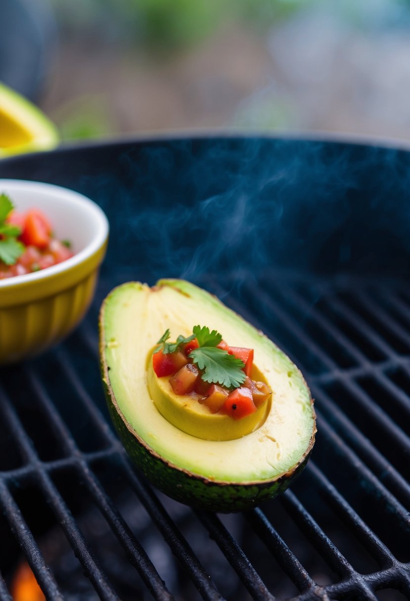 A halved avocado on a grill, topped with salsa and char marks