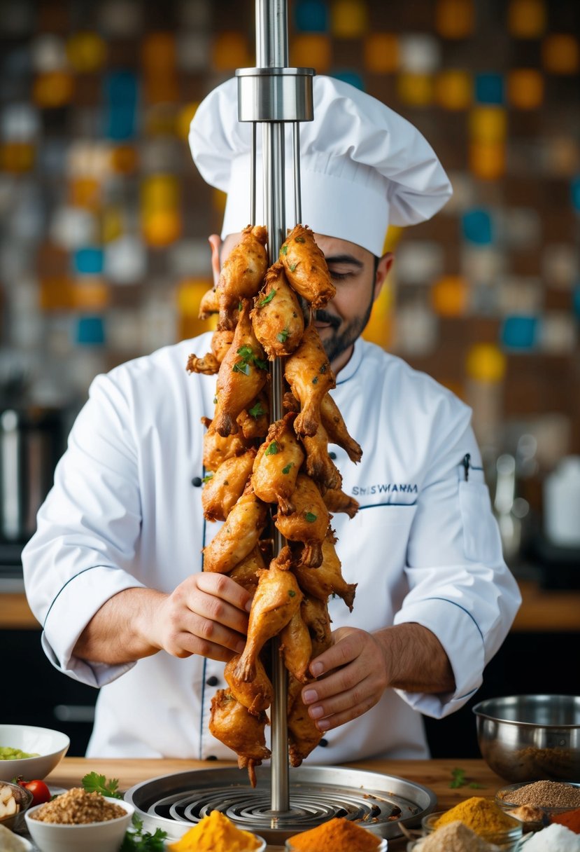 A chef preparing chicken shawarma on a vertical spit, surrounded by colorful spices and ingredients