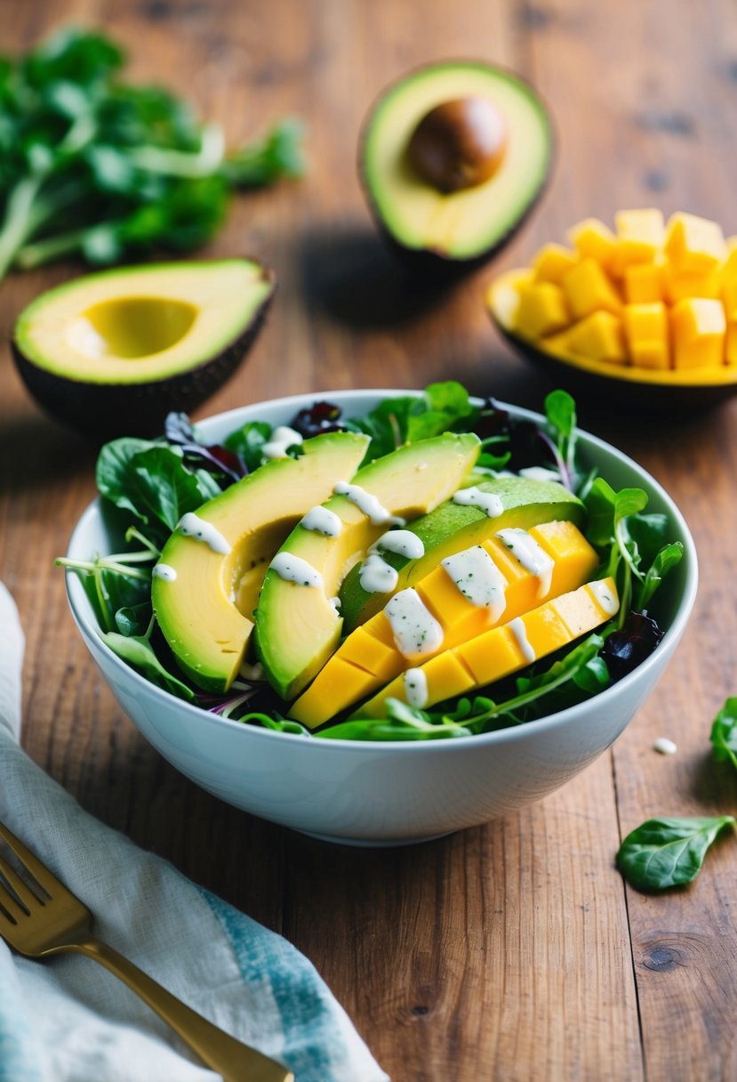 A colorful bowl of sliced avocados and mangoes, mixed with greens and drizzled with dressing, sitting on a wooden table