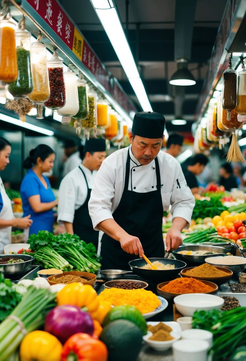 A bustling Asian market with colorful produce, spices, and traditional cooking utensils. A chef expertly prepares a dish while others browse the ingredients