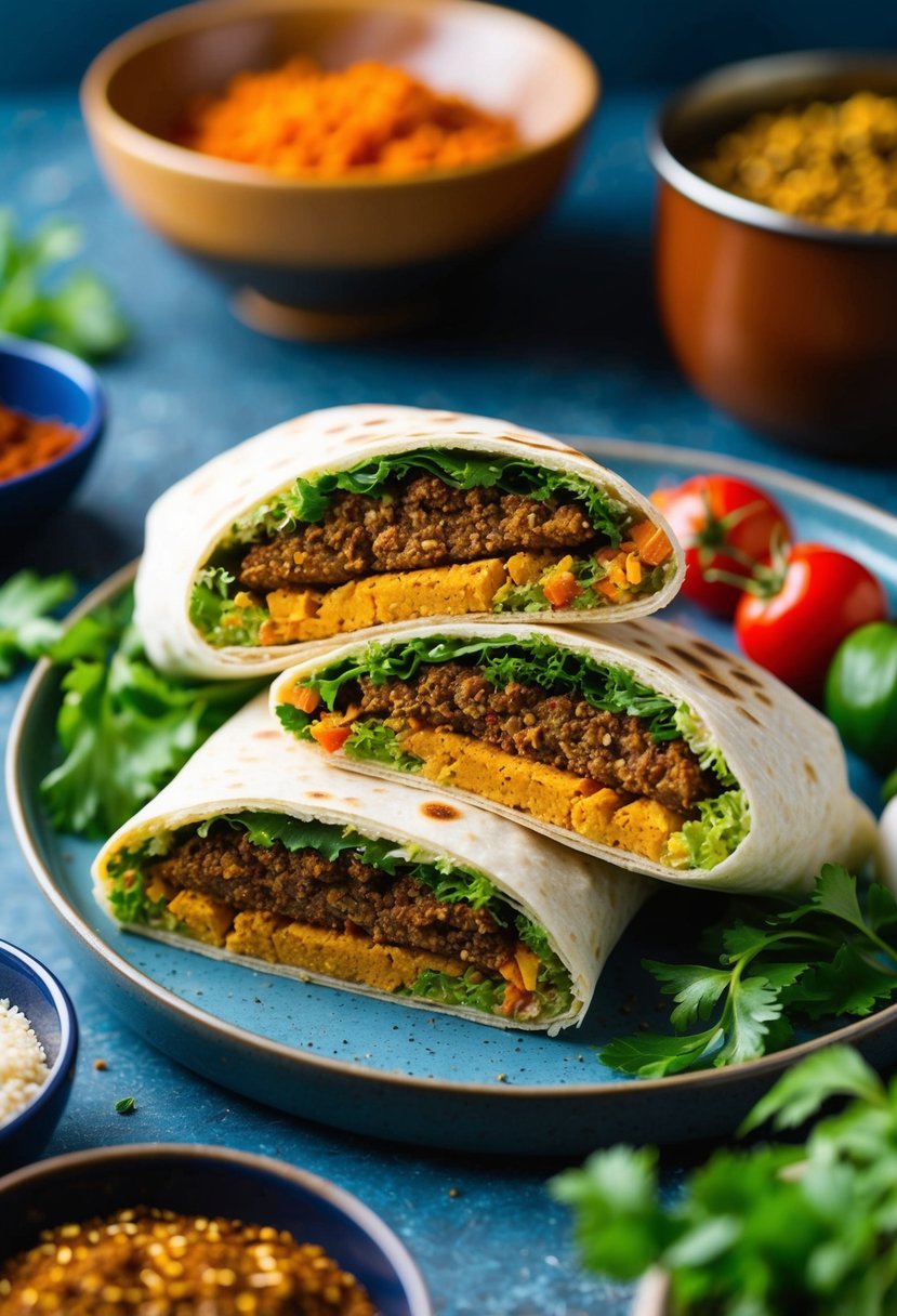 A colorful falafel wrap surrounded by fresh ingredients and traditional Arabic spices