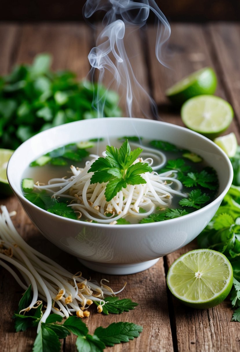 A steaming bowl of Vietnamese Pho surrounded by fresh herbs, bean sprouts, and lime slices on a rustic wooden table