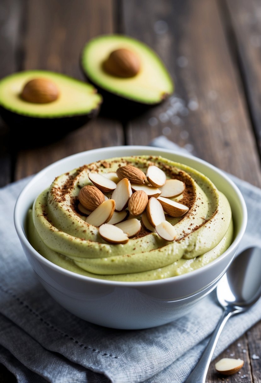 A bowl of creamy avocado chocolate mousse topped with sliced almonds and a sprinkle of cocoa powder