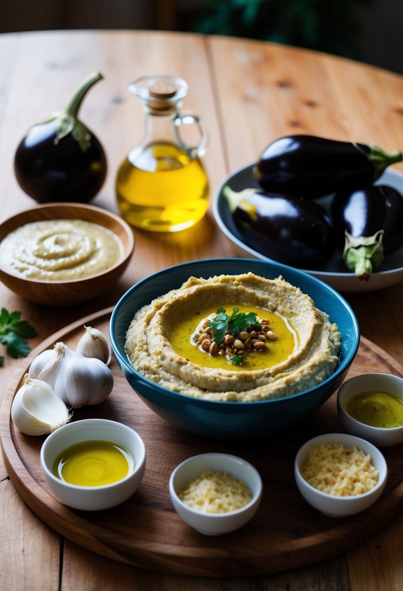 A wooden table with a spread of ingredients like eggplants, tahini, garlic, and olive oil, alongside a bowl of freshly made baba ghanoush