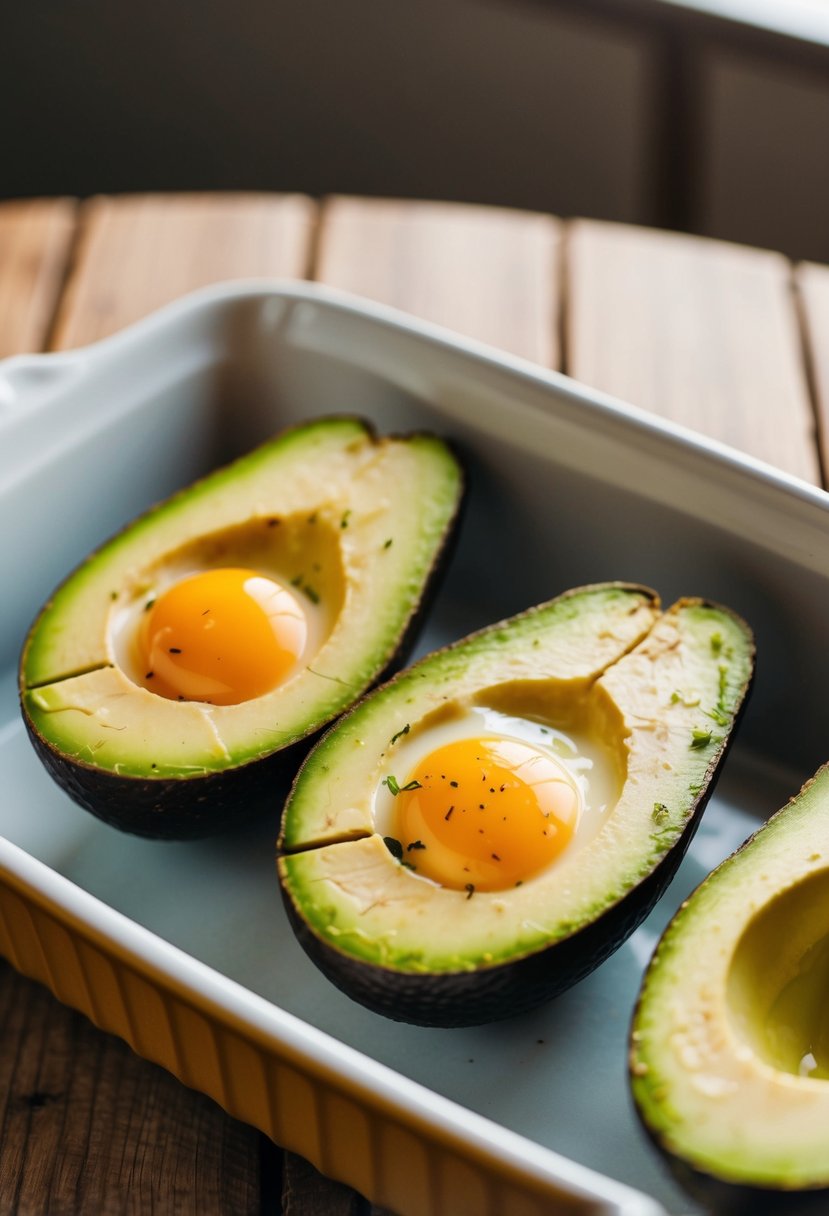 A halved avocado filled with eggs, baked in a dish on a wooden table