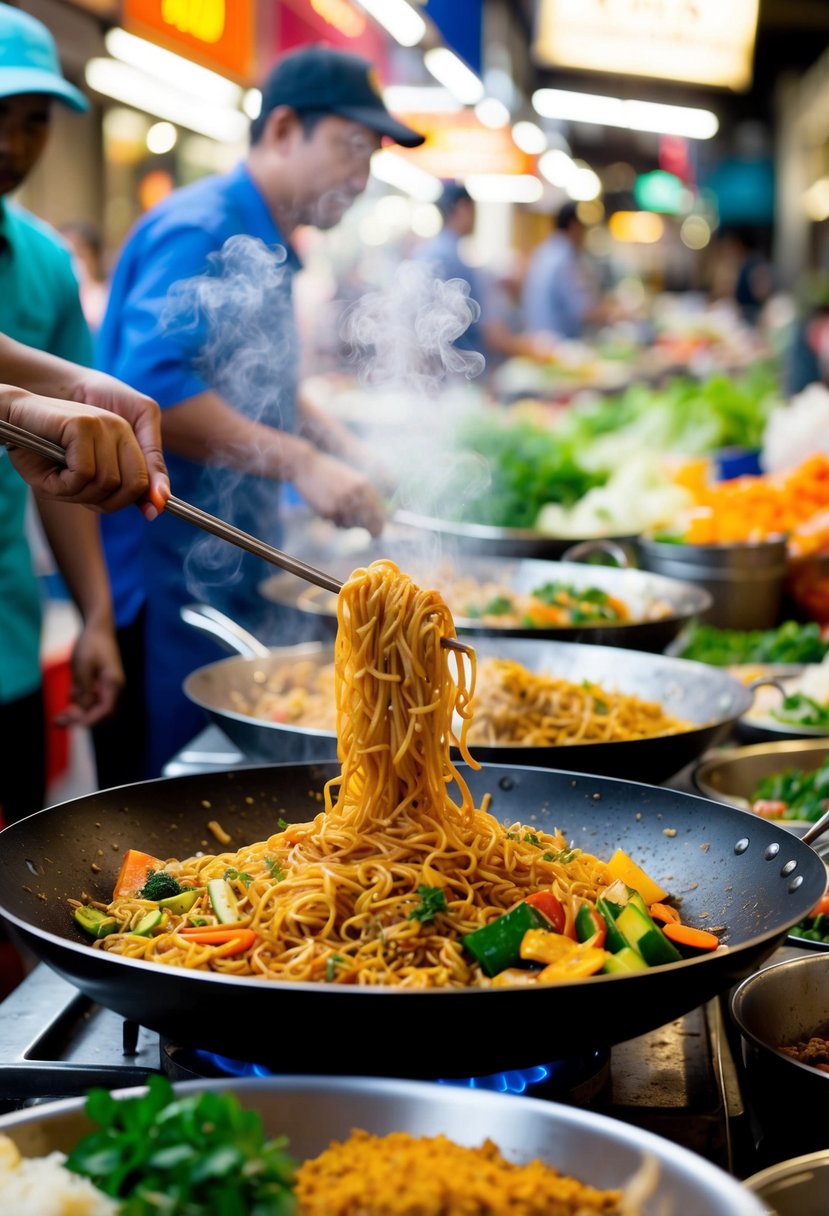 A bustling Thai street market with a steaming wok, tossing together spicy noodles, colorful vegetables, and fragrant herbs