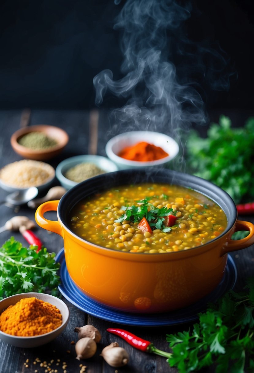 A steaming pot of lentil soup surrounded by vibrant spices and herbs