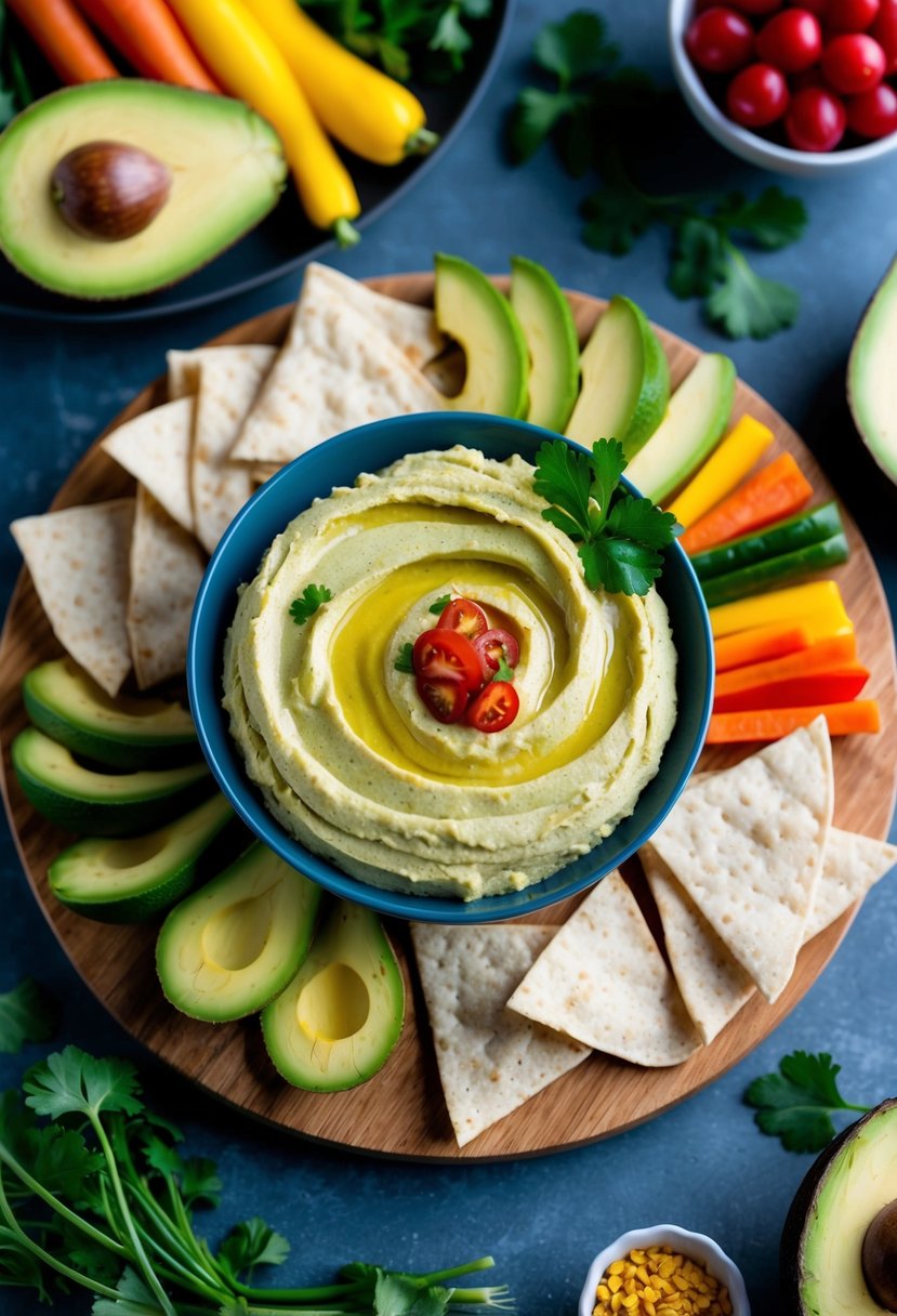 A bowl of creamy avocado hummus surrounded by fresh avocado slices, pita chips, and colorful vegetables on a wooden serving board