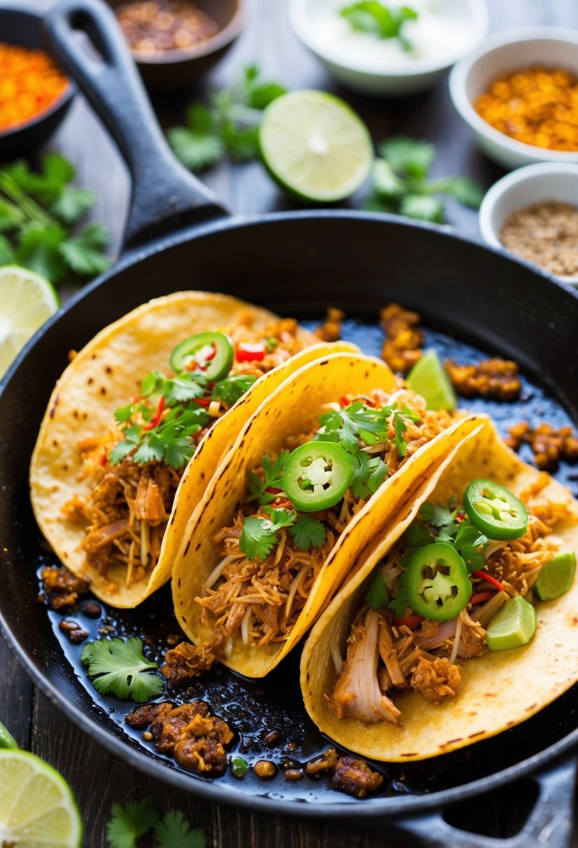 A sizzling skillet of Korean pulled pork tacos surrounded by vibrant Asian ingredients and traditional Korean spices