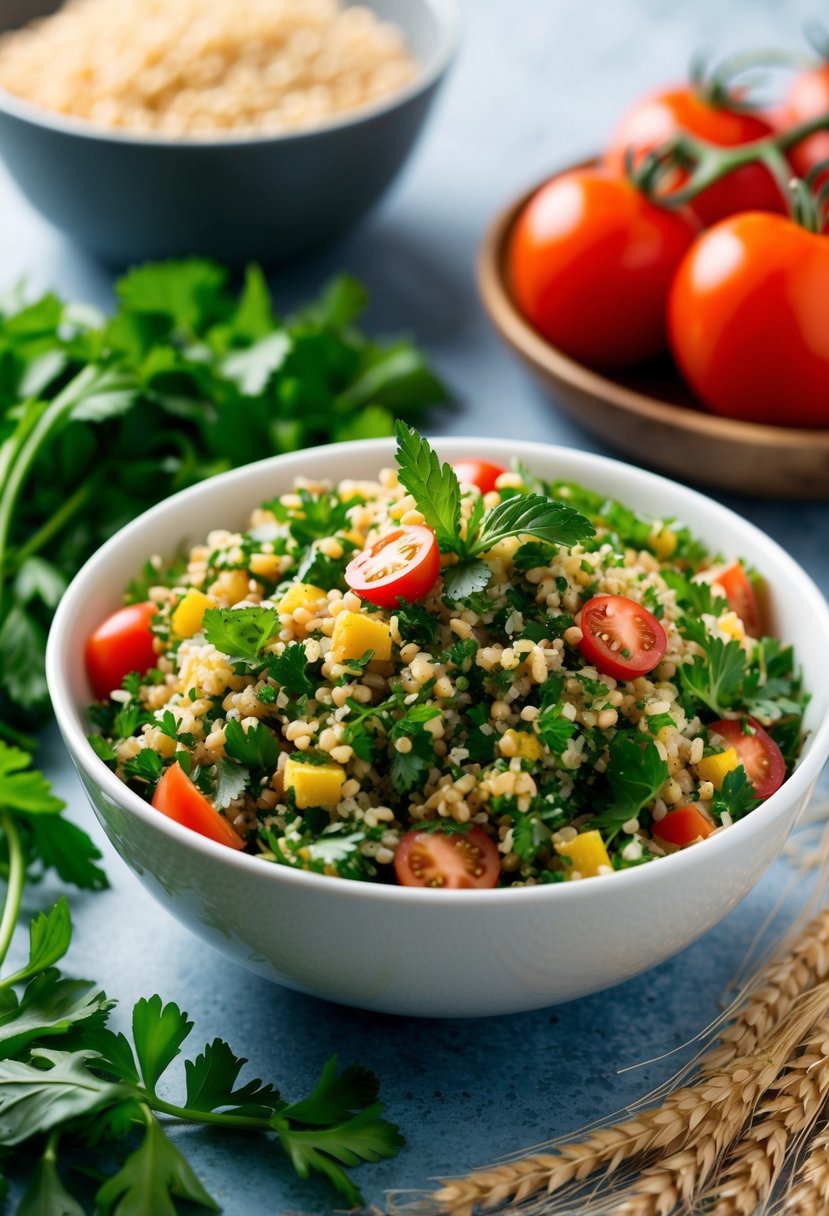 A bowl of colorful tabbouleh salad surrounded by fresh parsley, mint, tomatoes, and bulgur wheat