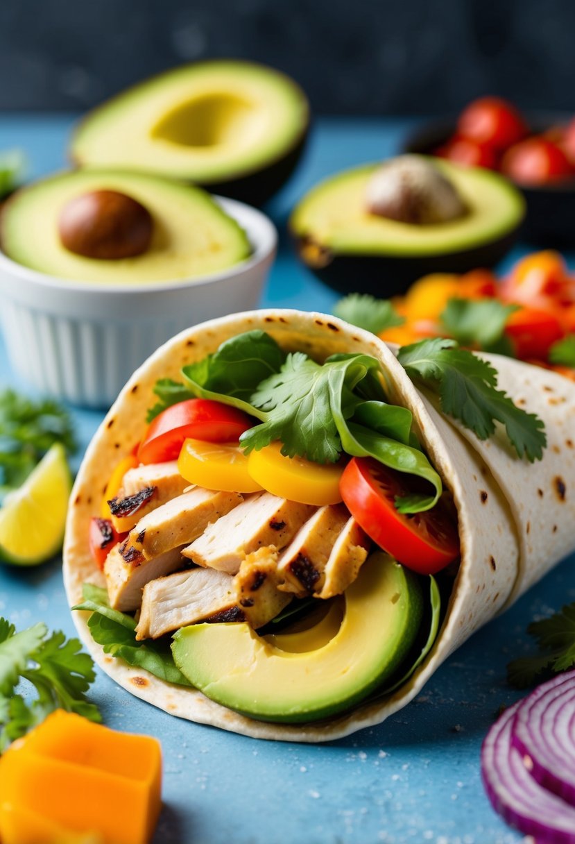 A colorful array of fresh avocado, grilled chicken, and vibrant vegetables wrapped in a soft tortilla