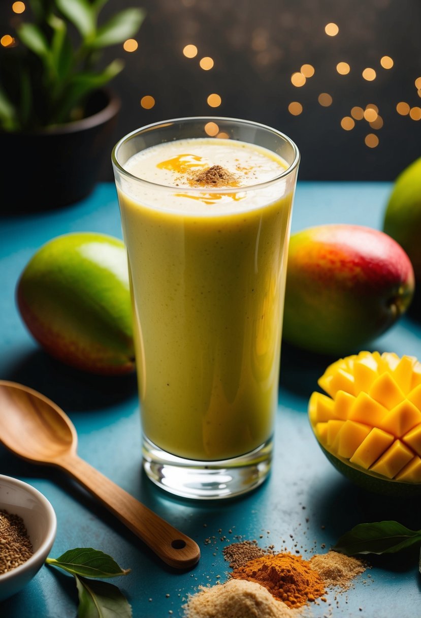 A tall glass of mango lassi surrounded by fresh mangoes and a scattering of spices