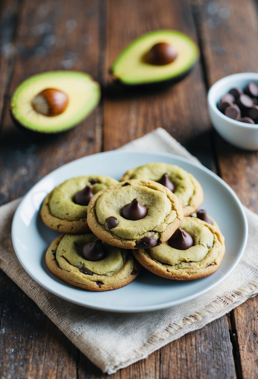 A plate of avocado chocolate chip cookies on a rustic wooden table