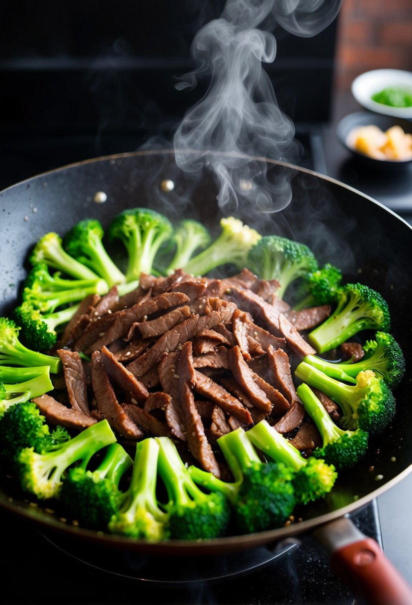 Sizzling beef and broccoli stir-fry in a traditional Chinese wok, surrounded by vibrant green broccoli florets and thinly sliced beef, with a steam rising from the sizzling pan