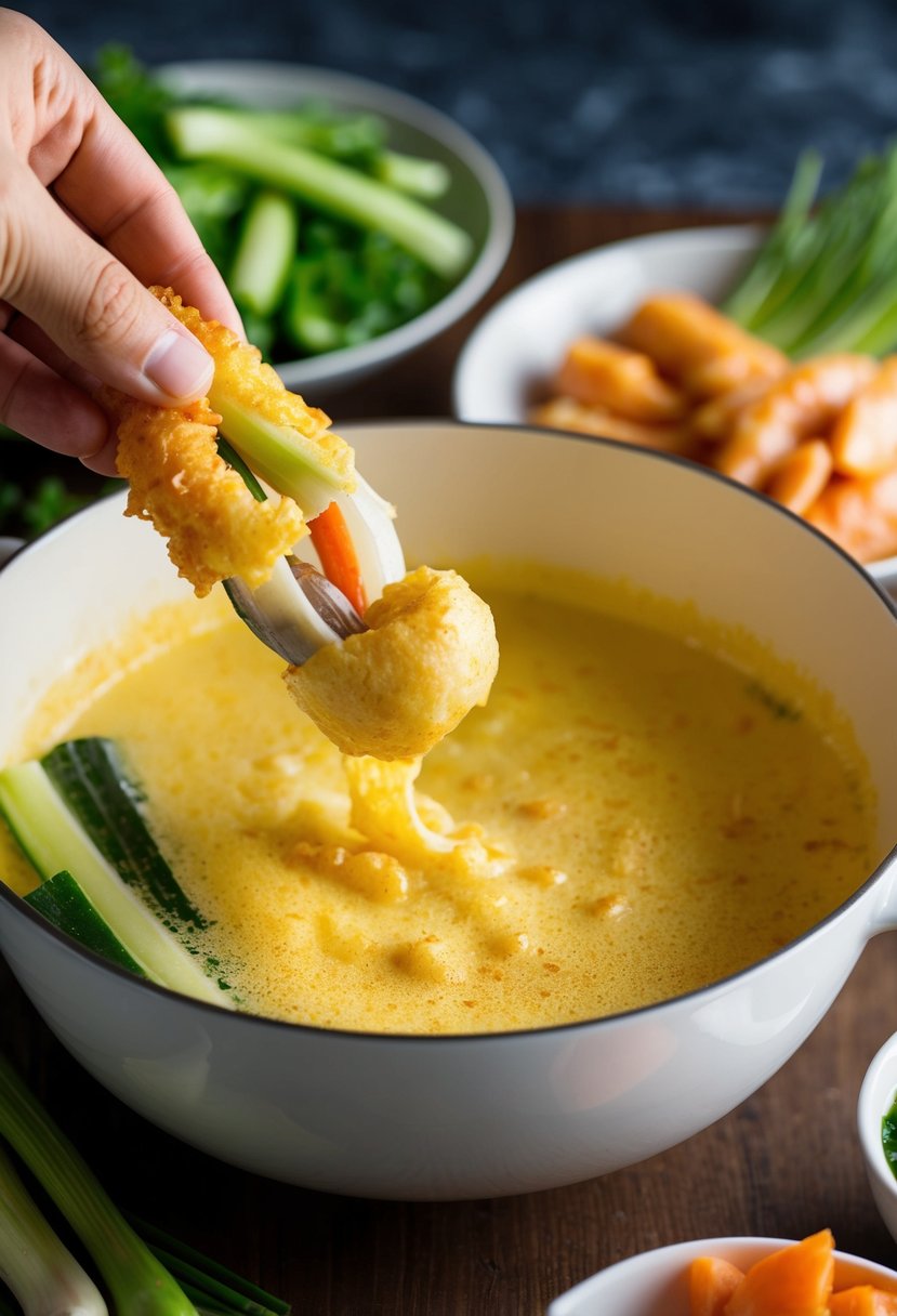 A chef carefully dips fresh vegetables and seafood into a bubbling pot of golden tempura batter