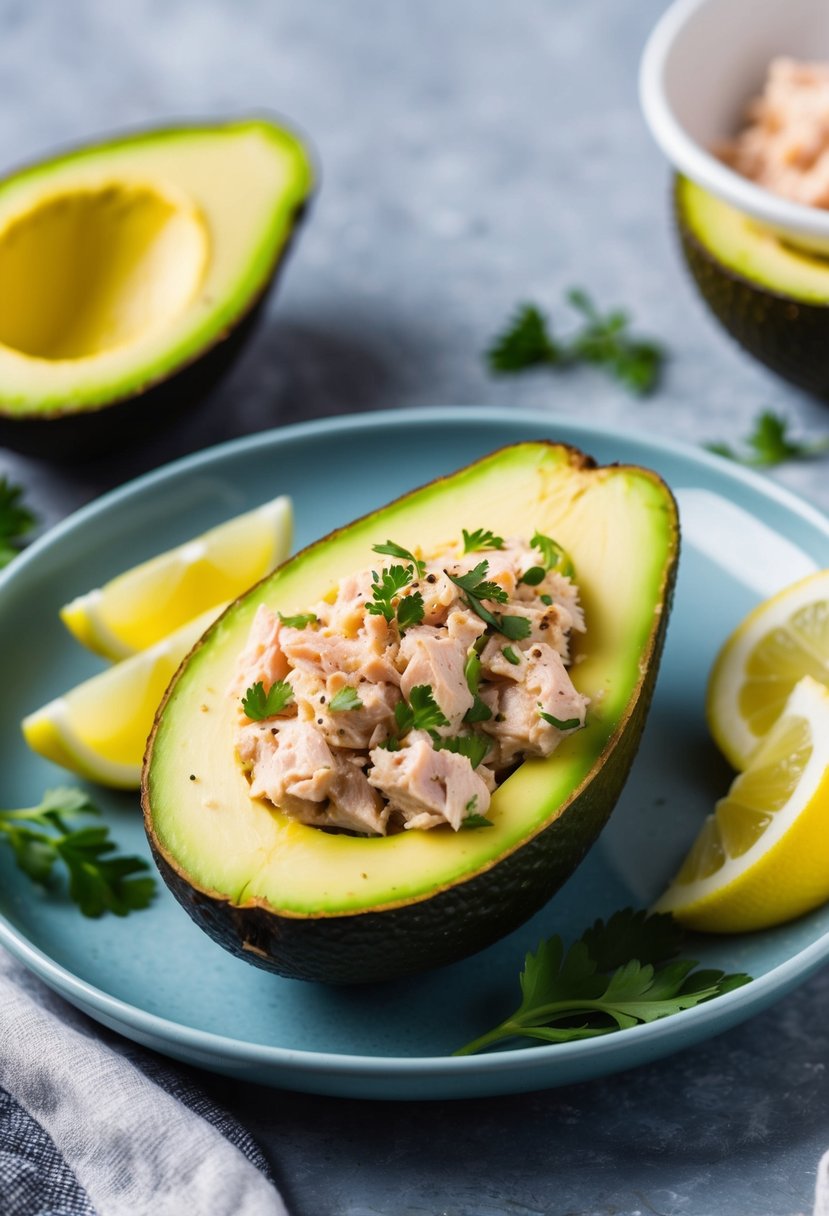 A ripe avocado cut in half, stuffed with a mixture of tuna, mayonnaise, and seasonings, served on a plate with garnishes of fresh herbs and lemon wedges