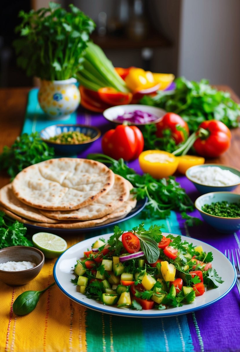 A colorful table spread with fresh vegetables, pita bread, and herbs for making Lebanese Fattoush