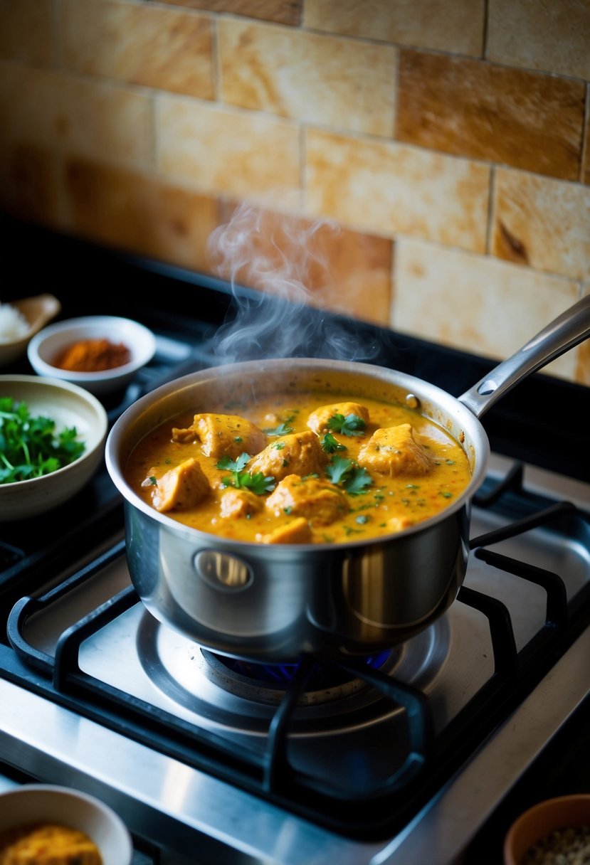 A steaming pot of Indian butter chicken simmers on a stovetop, surrounded by aromatic spices and herbs