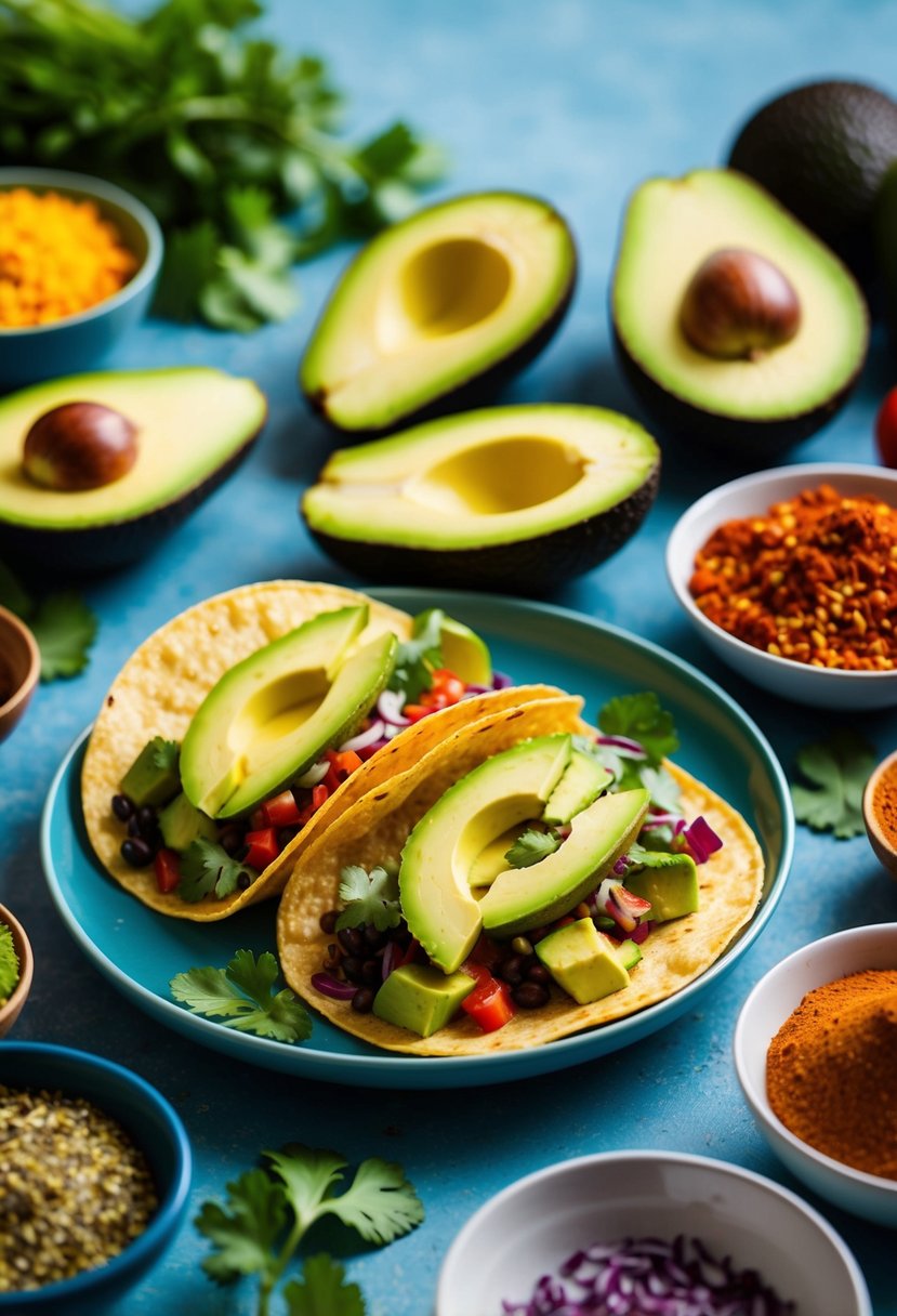 A table set with vibrant avocado tacos surrounded by colorful ingredients and spices