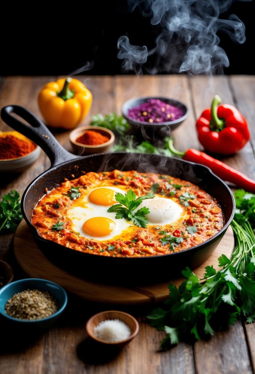 A steaming skillet of shakshuka surrounded by colorful spices and fresh herbs