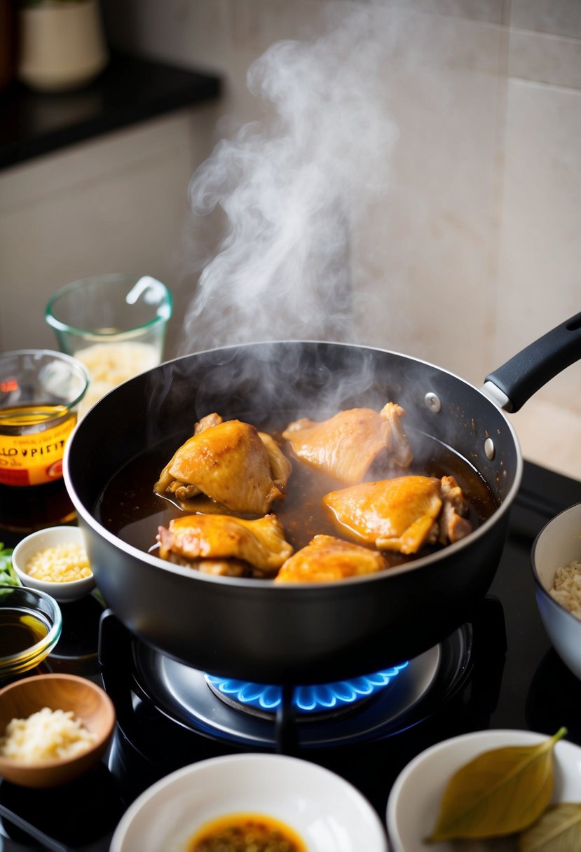 A steaming pot of Filipino Chicken Adobo simmers on a stovetop, surrounded by ingredients like soy sauce, vinegar, garlic, and bay leaves