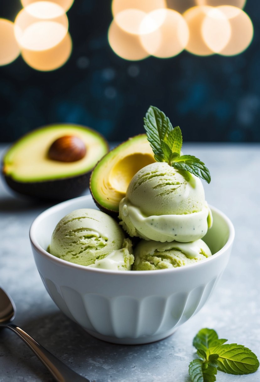 A bowl of creamy avocado ice cream topped with sliced avocados and a sprig of mint